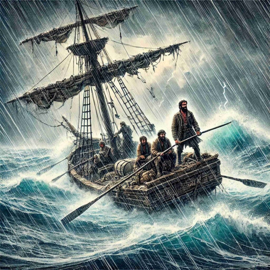 A perilous escape at sea featuring a damaged ship and sailors on a makeshift raft, battling stormy waves under a lightning-filled sky.