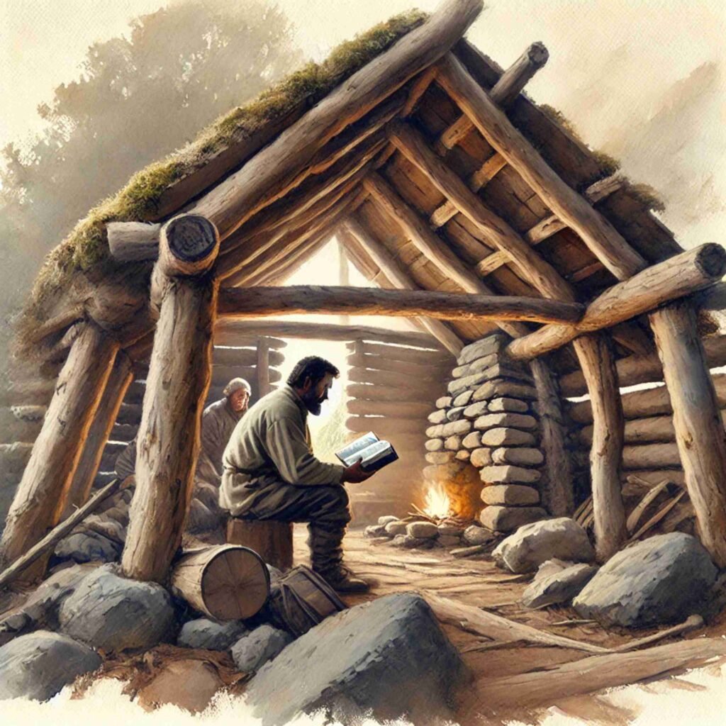 Watercolor painting of Captain Thomas Musgrave reading a Bible to his crew inside a hand-built hut on Auckland Island, with solid wooden walls, a stone fireplace, and rugged surroundings.