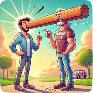 A cartoon illustration of the biblical concept 'Judge Not Lest Ye Be Judged: Matthew 7.' It shows one character with a small splinter in their eye while another character, pointing at them, has a large wooden beam in their own eye, highlighting the theme of hypocrisy.