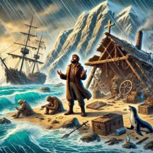 A rugged island scene with a shipwreck, a man looking toward the sky, and a makeshift shelter surrounded by supplies and animals.